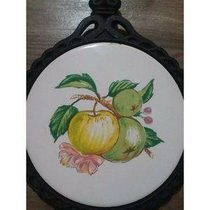 Vintage Cast Iron Ceramic Trivet With Handle B B Stamp Circular Apples Leaves